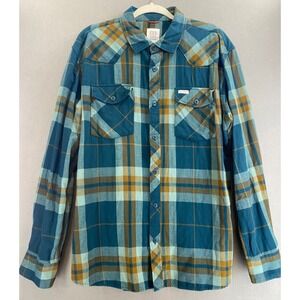 Topo Designs Mens XXL Mountain Flannel Shirt Teal Mustard Plaid Western Yoke